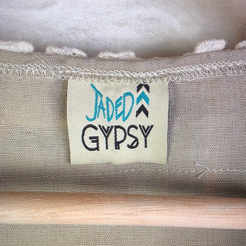Jaded Gypsy Taupe Button-Front Blouse with Cream Crochet Collar - Picture 3 of 5